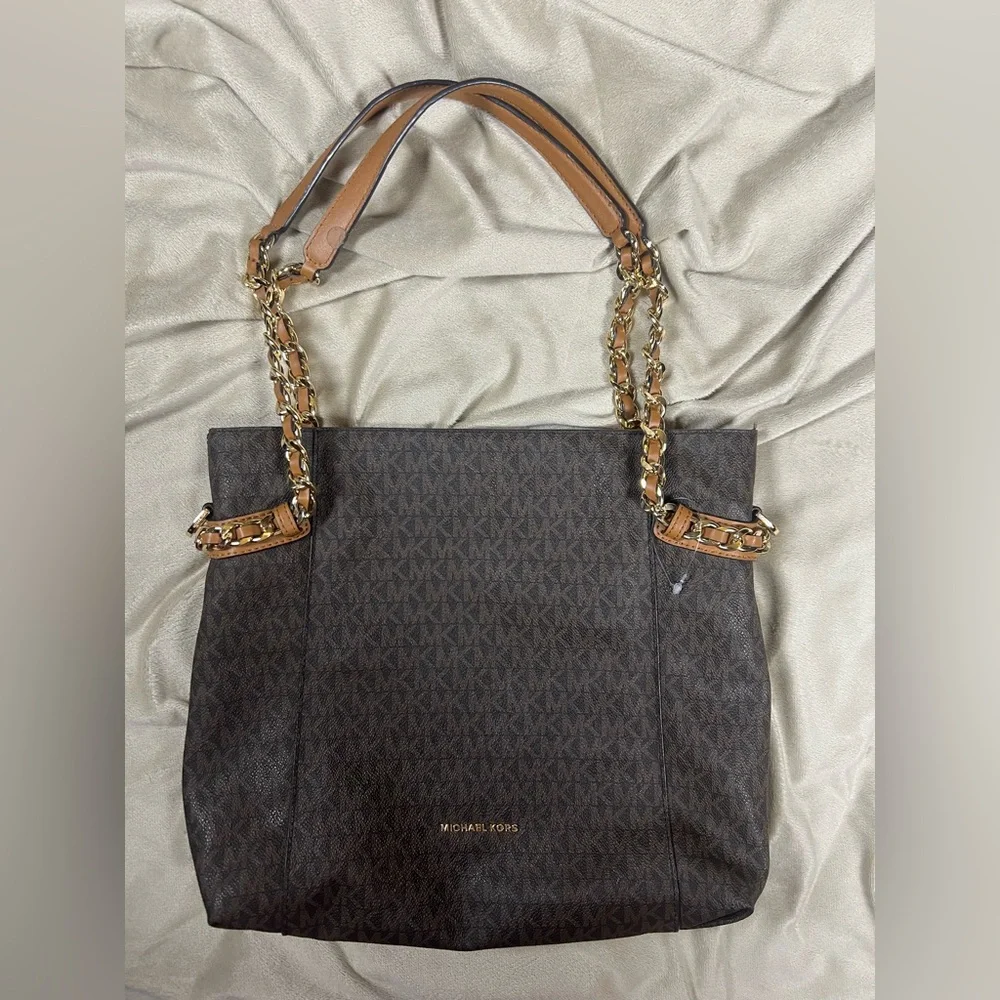 Michael Kors Brown Signature Logo Tote Gold Chain Shoulder Bag